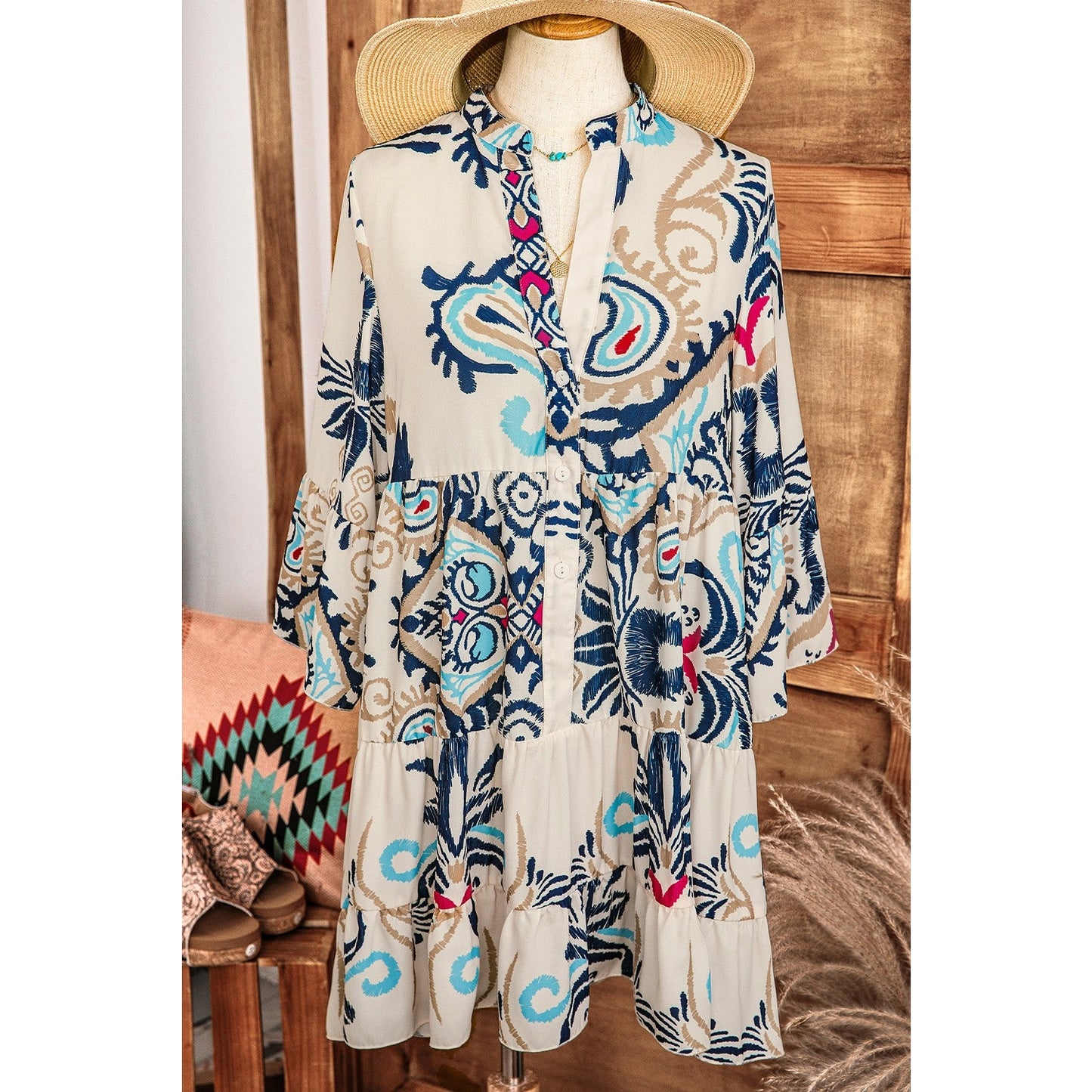 REDUCED!!! Ornette Tribal Print Bracelet Sleeve Buttoned Mini Dress REDUCED!!!