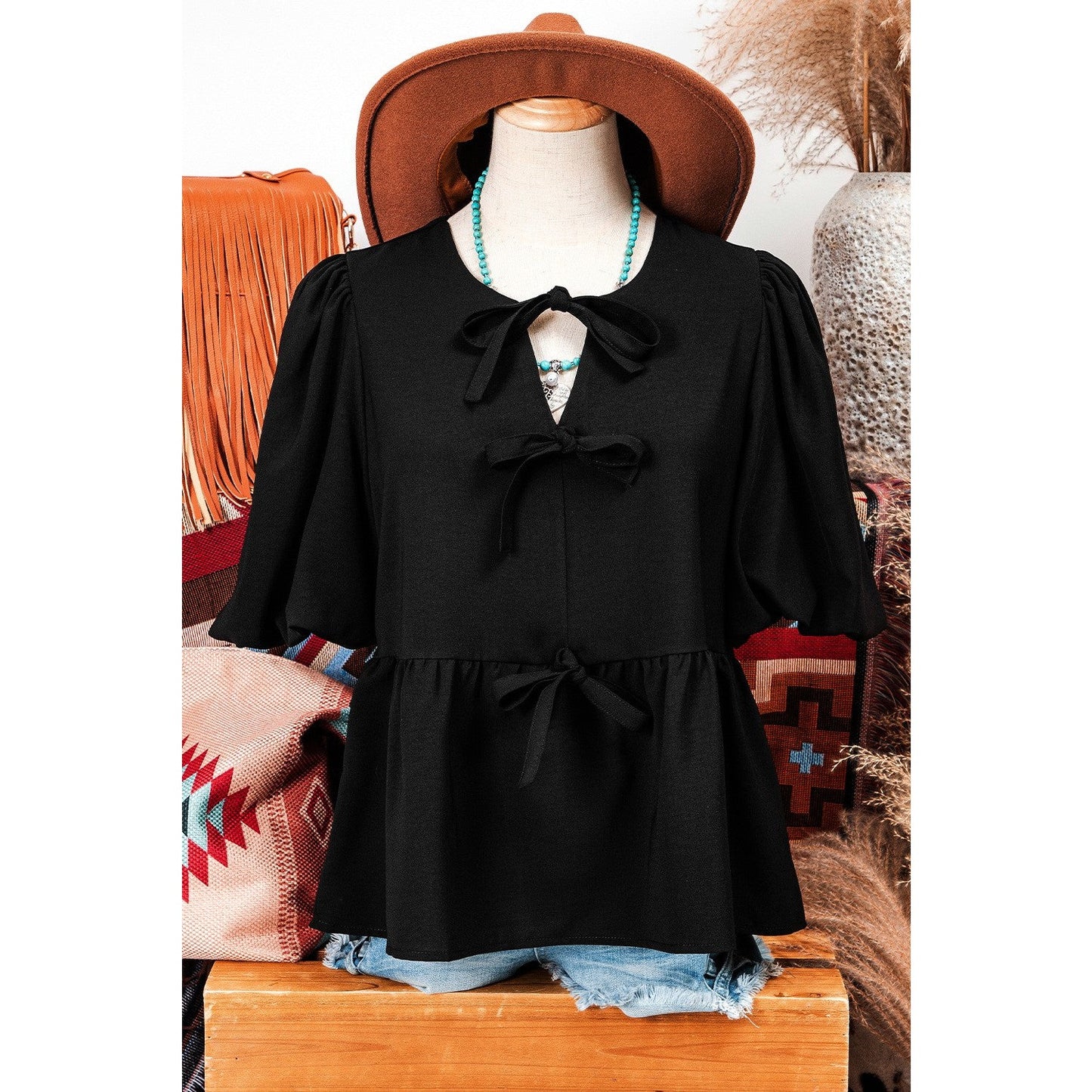 REDUCED!!! Orsie Black Puff Sleeve Bowknot Front Peplum Blouse REDUCED!!!