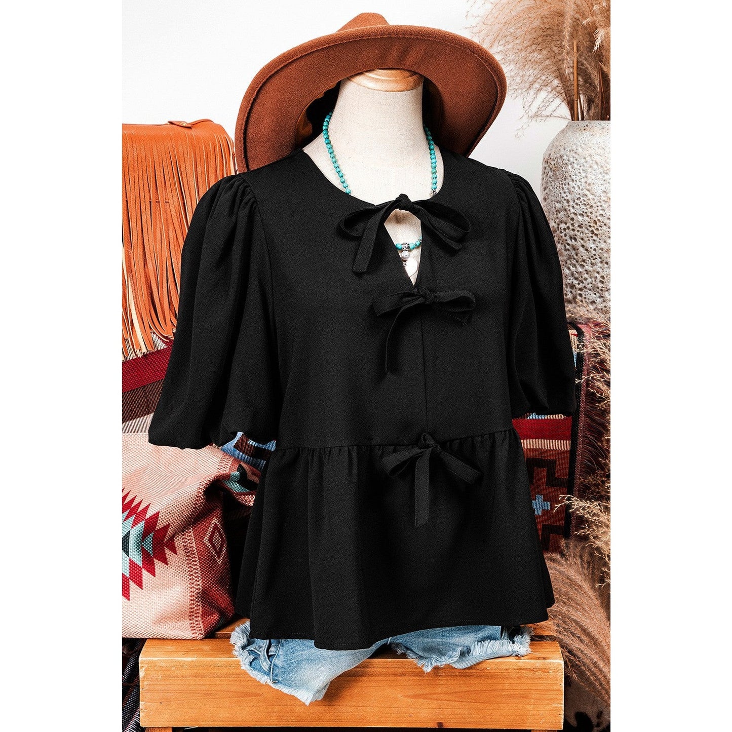REDUCED!!! Orsie Black Puff Sleeve Bowknot Front Peplum Blouse REDUCED!!!