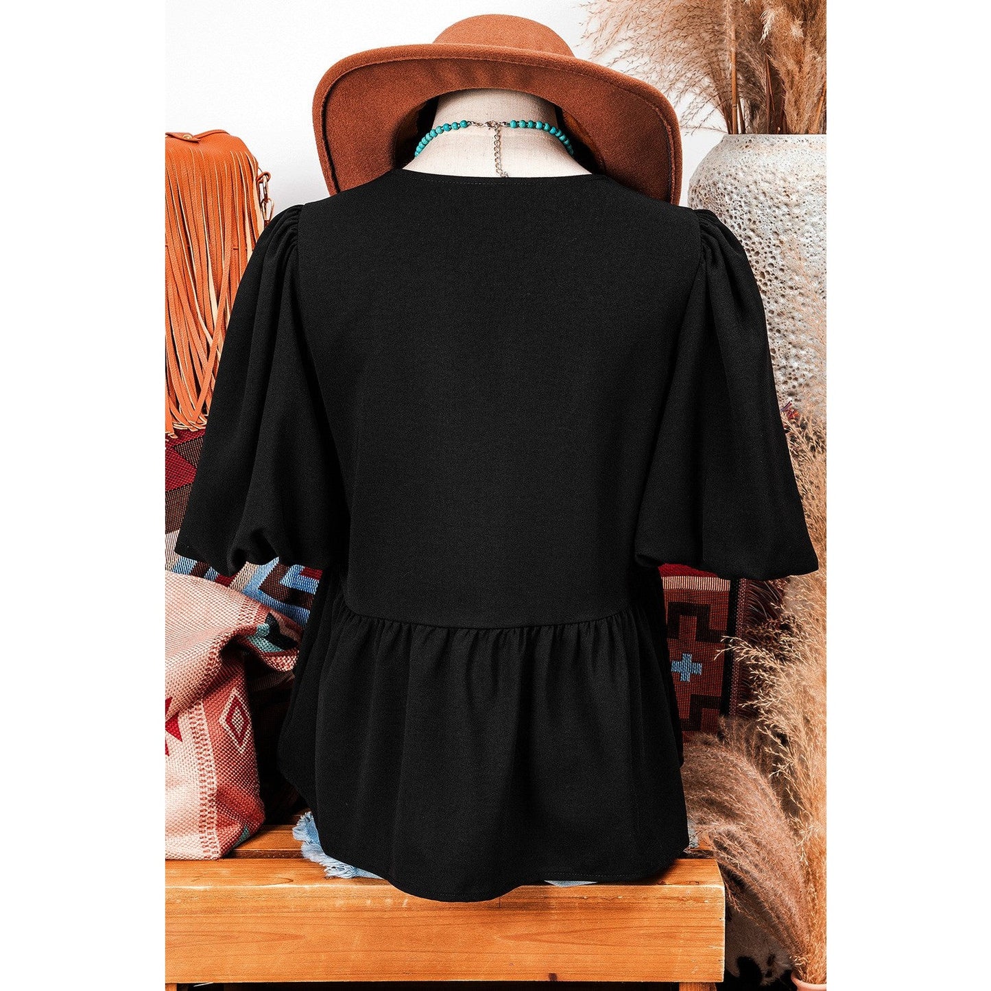 REDUCED!!! Orsie Black Puff Sleeve Bowknot Front Peplum Blouse REDUCED!!!