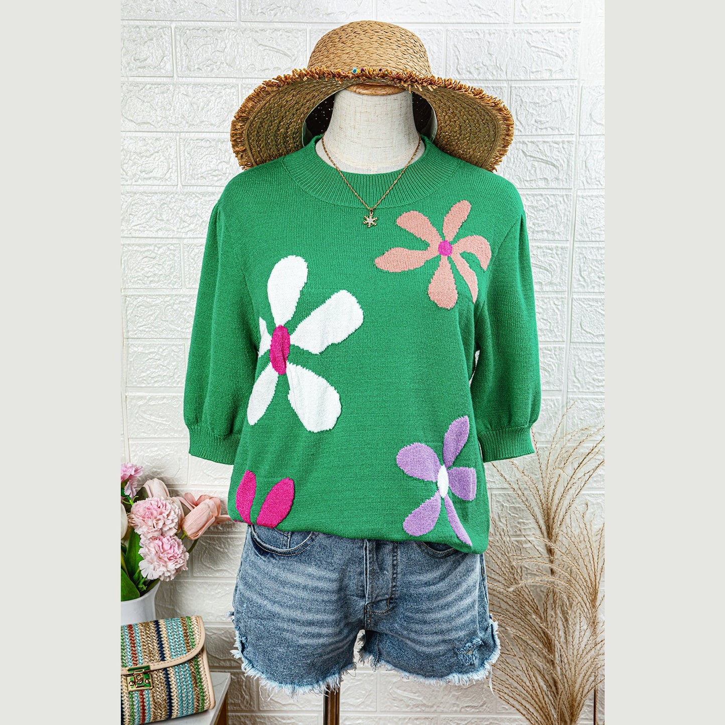 REDUCED!!!! Patrice Bright Green Floral Bubble Short Sleeve Sweater REDUCED!!!