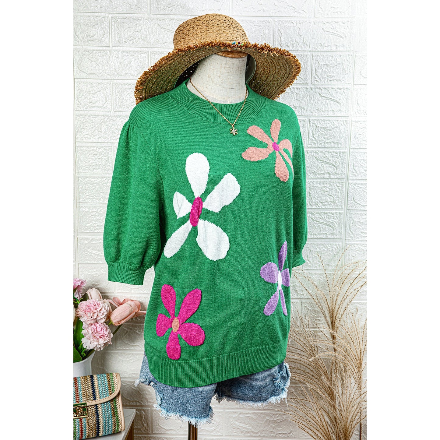 REDUCED!!!! Patrice Bright Green Floral Bubble Short Sleeve Sweater REDUCED!!!