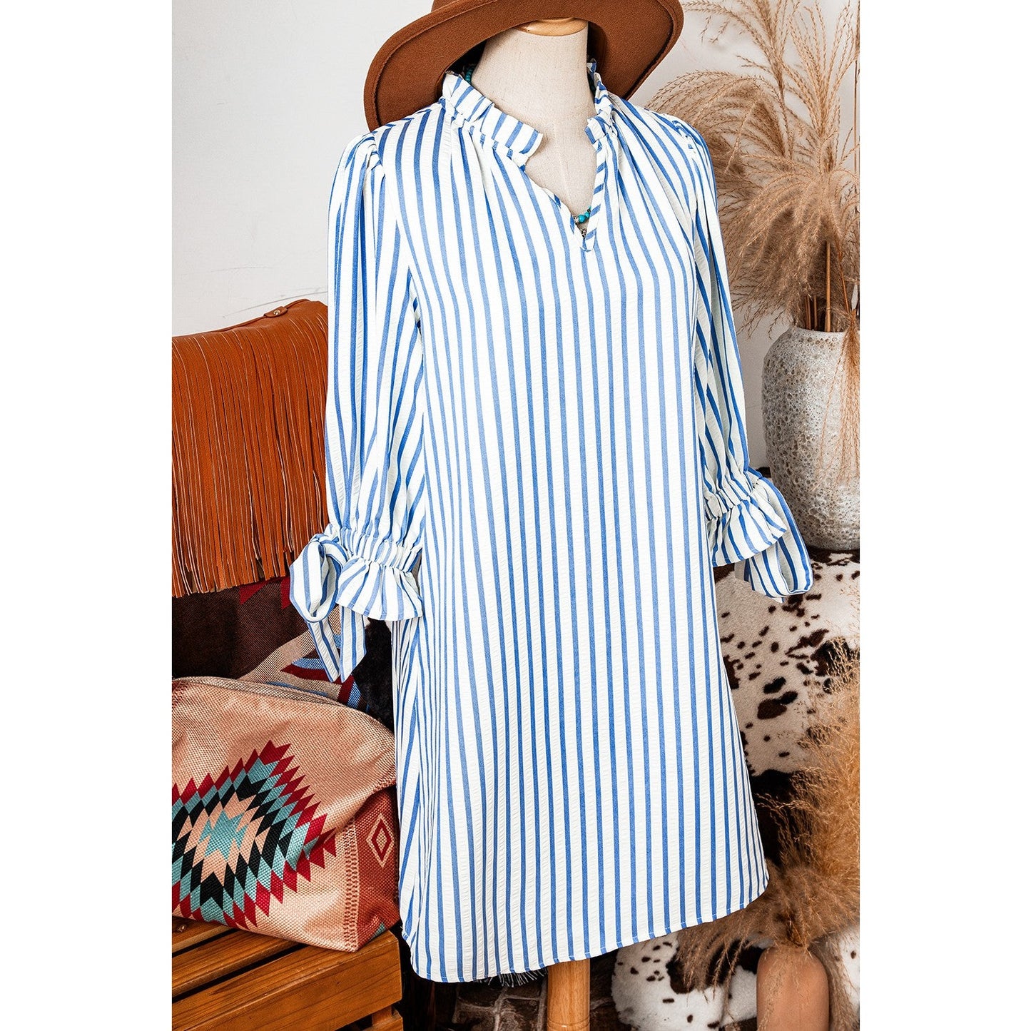 RTS Paula Sky Blue Stripe Knotted Bracelet Sleeve Notched Neck Shift Mini Dress