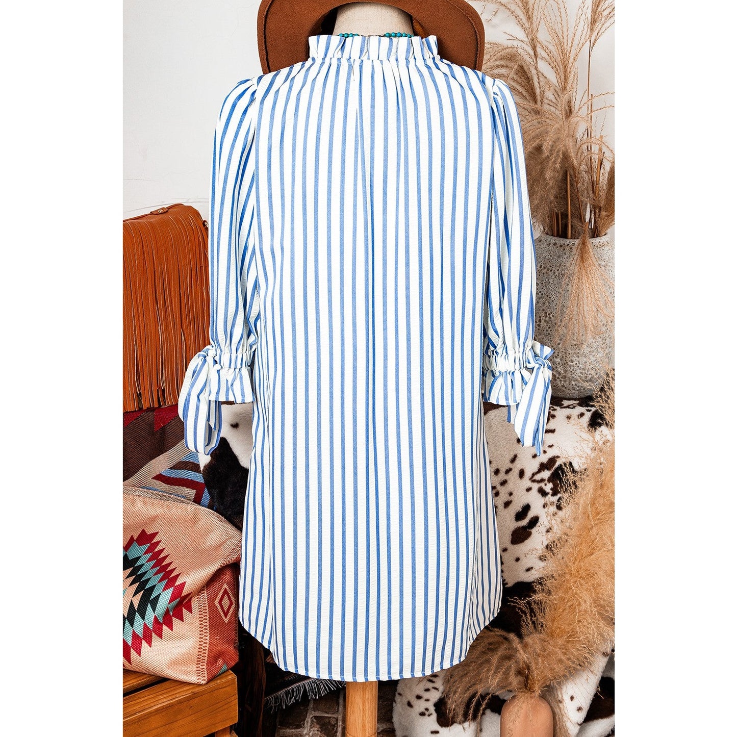 RTS Paula Sky Blue Stripe Knotted Bracelet Sleeve Notched Neck Shift Mini Dress