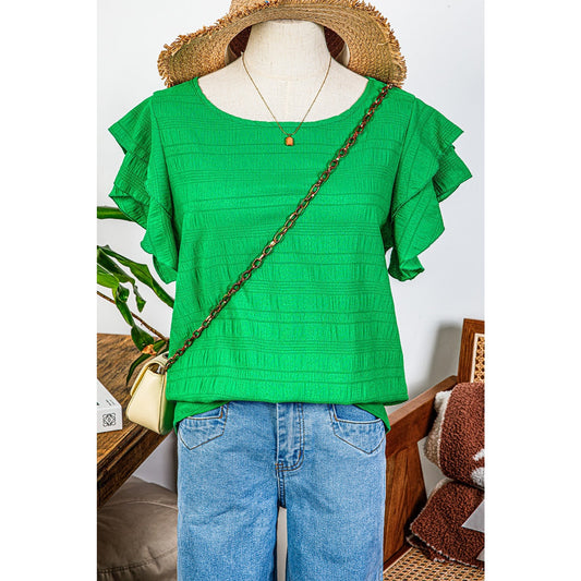 Pauletta Green Textured Ruffled Sleeve Round Neck Top