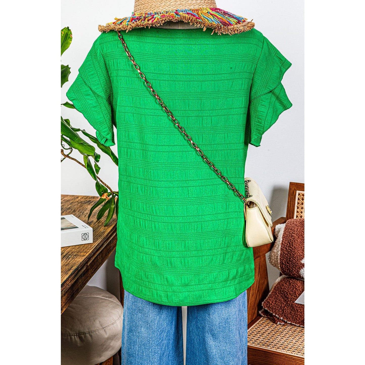 Pauletta Green Textured Ruffled Sleeve Round Neck Top