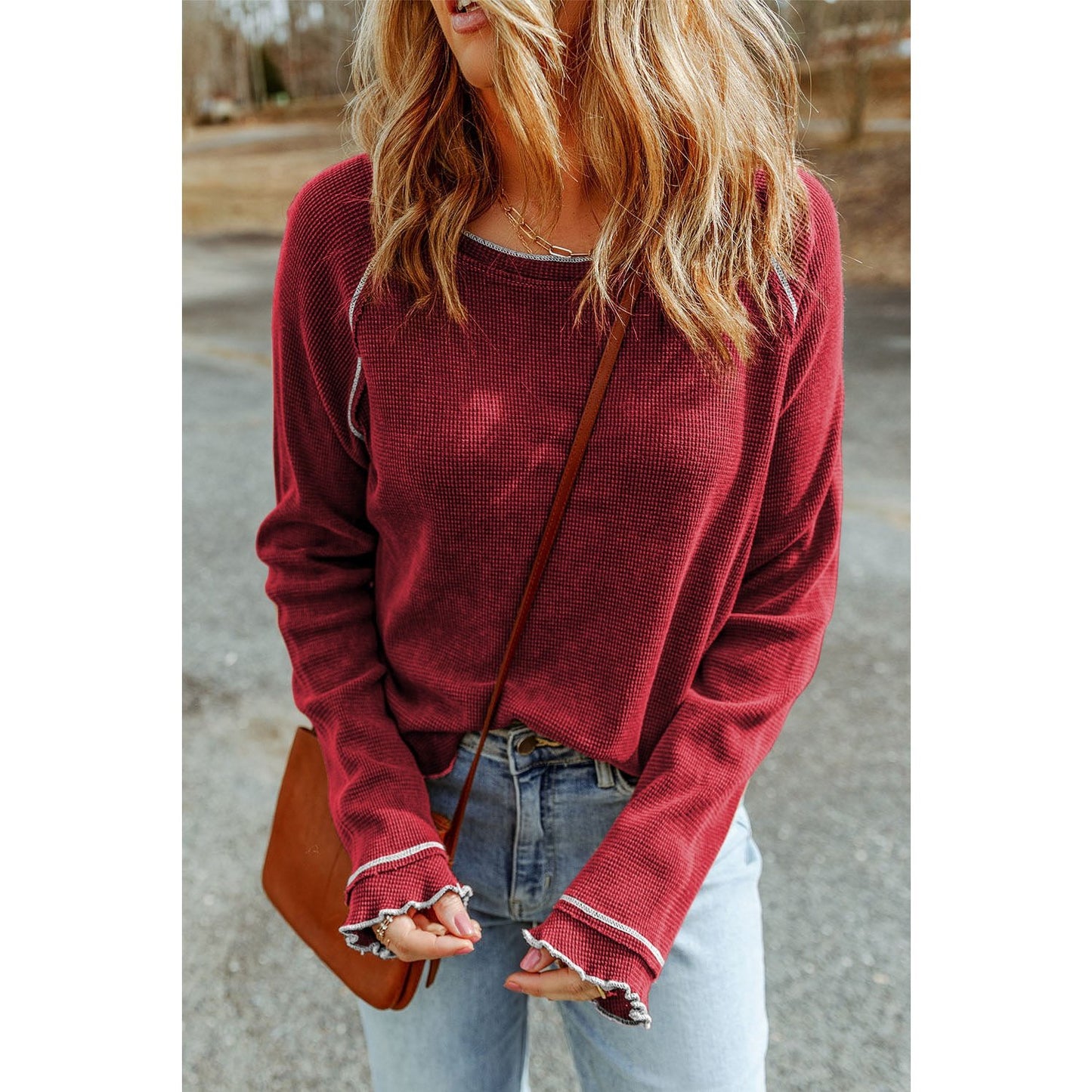 Payson Red Textured Round Neck Long Sleeve Top