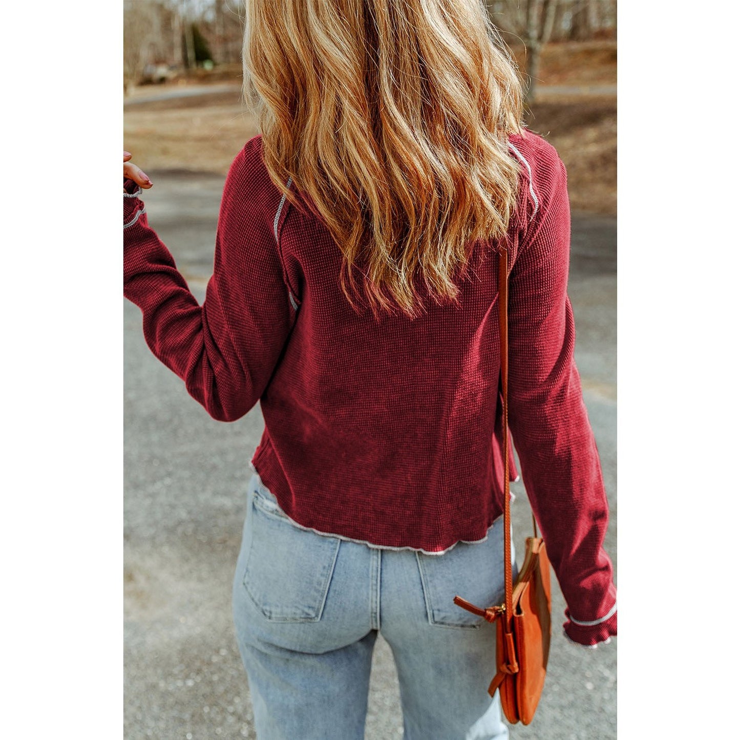 Payson Red Textured Round Neck Long Sleeve Top