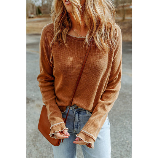 Payson Brown Textured Round Neck Long Sleeve Top