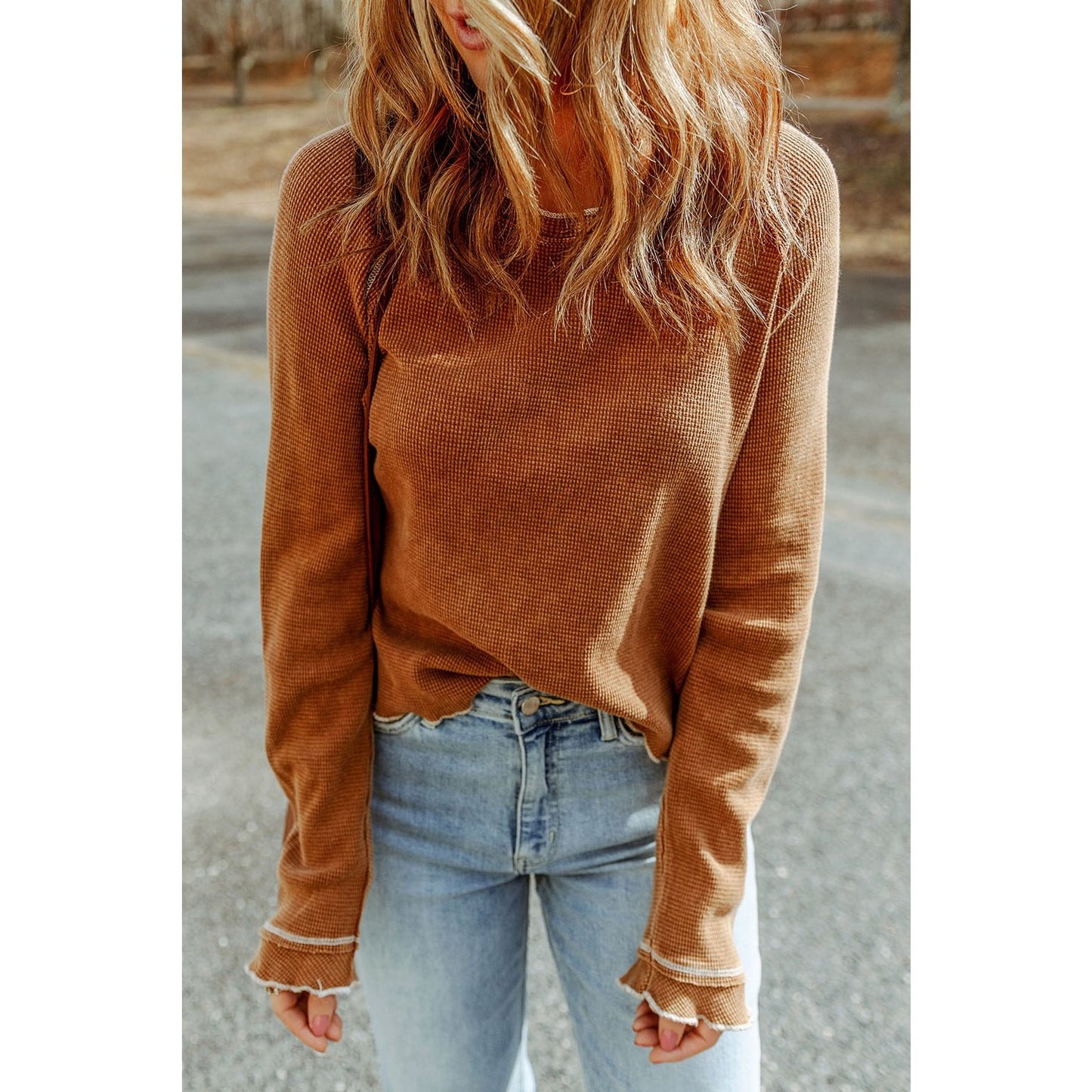 Payson Brown Textured Round Neck Long Sleeve Top