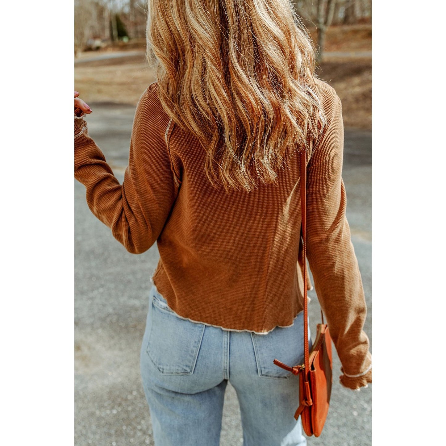 Payson Brown Textured Round Neck Long Sleeve Top