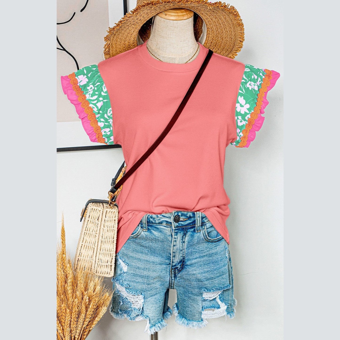 REDUCED!!! Kloe Peach Blossom Contrast Ricrac Floral Sleeve Top REDUCED!!!