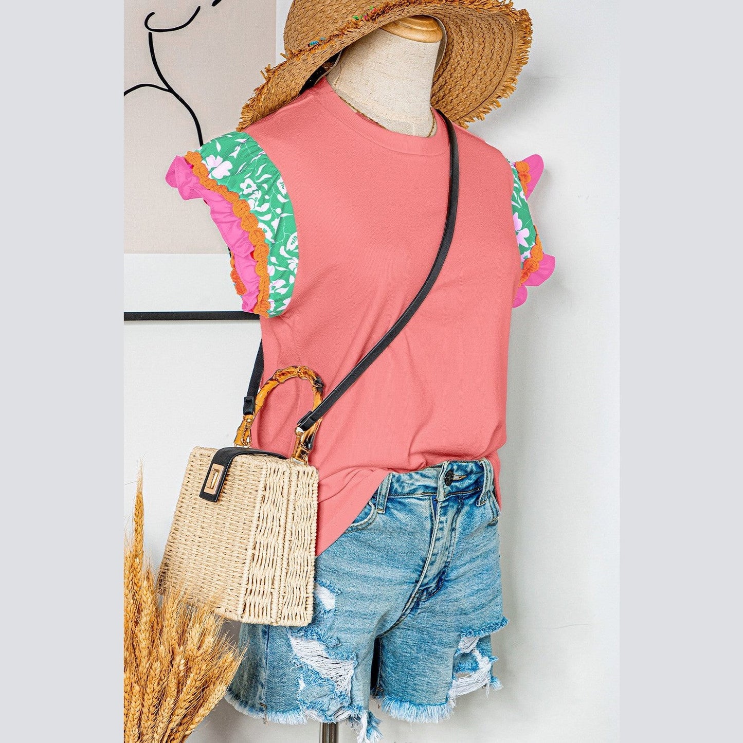 REDUCED!!! Kloe Peach Blossom Contrast Ricrac Floral Sleeve Top REDUCED!!!