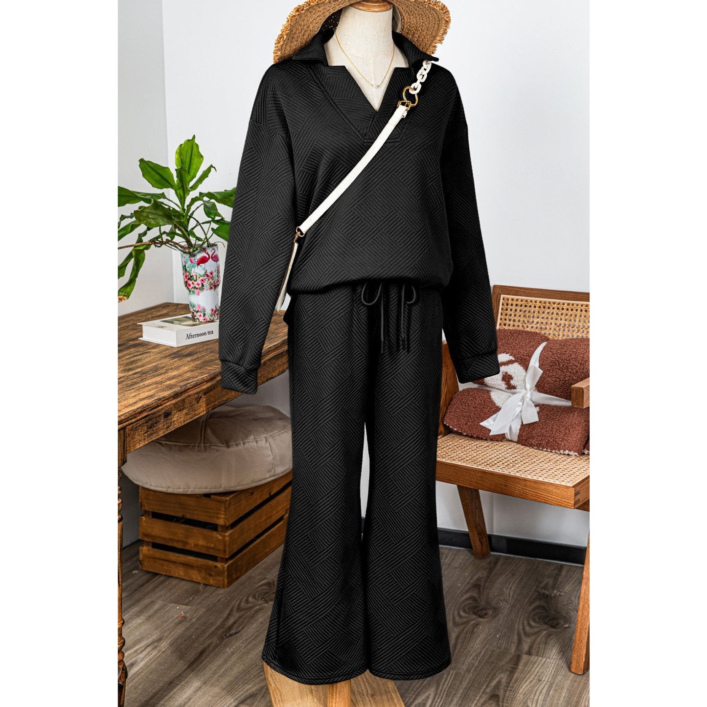 Pennie Black Textured Collared V Neck Top and Wide Leg Pants Set