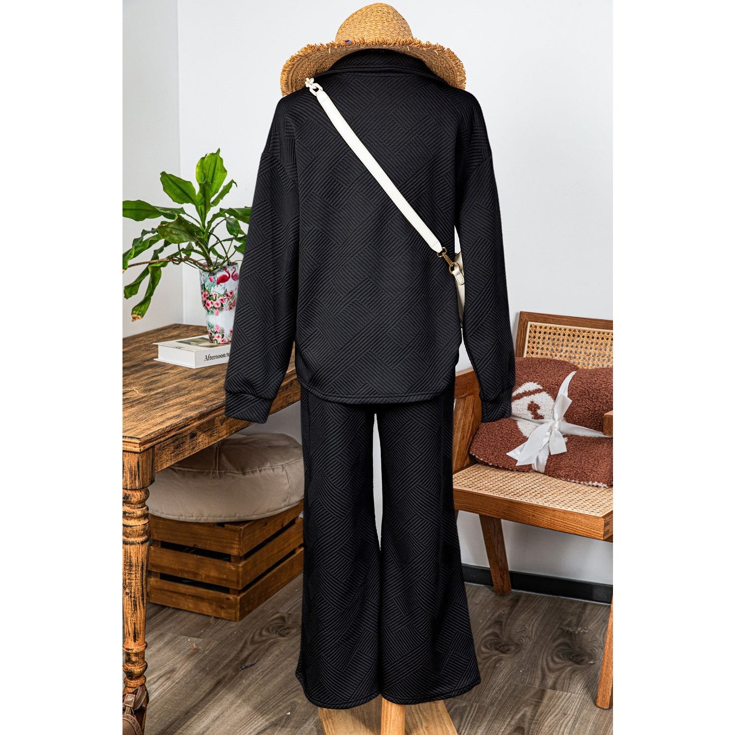 Pennie Black Textured Collared V Neck Top and Wide Leg Pants Set