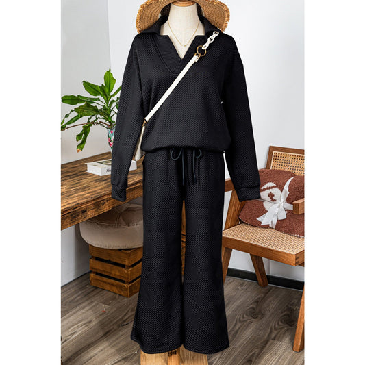 Pennie Black Textured Collared V Neck Top and Wide Leg Pants Set