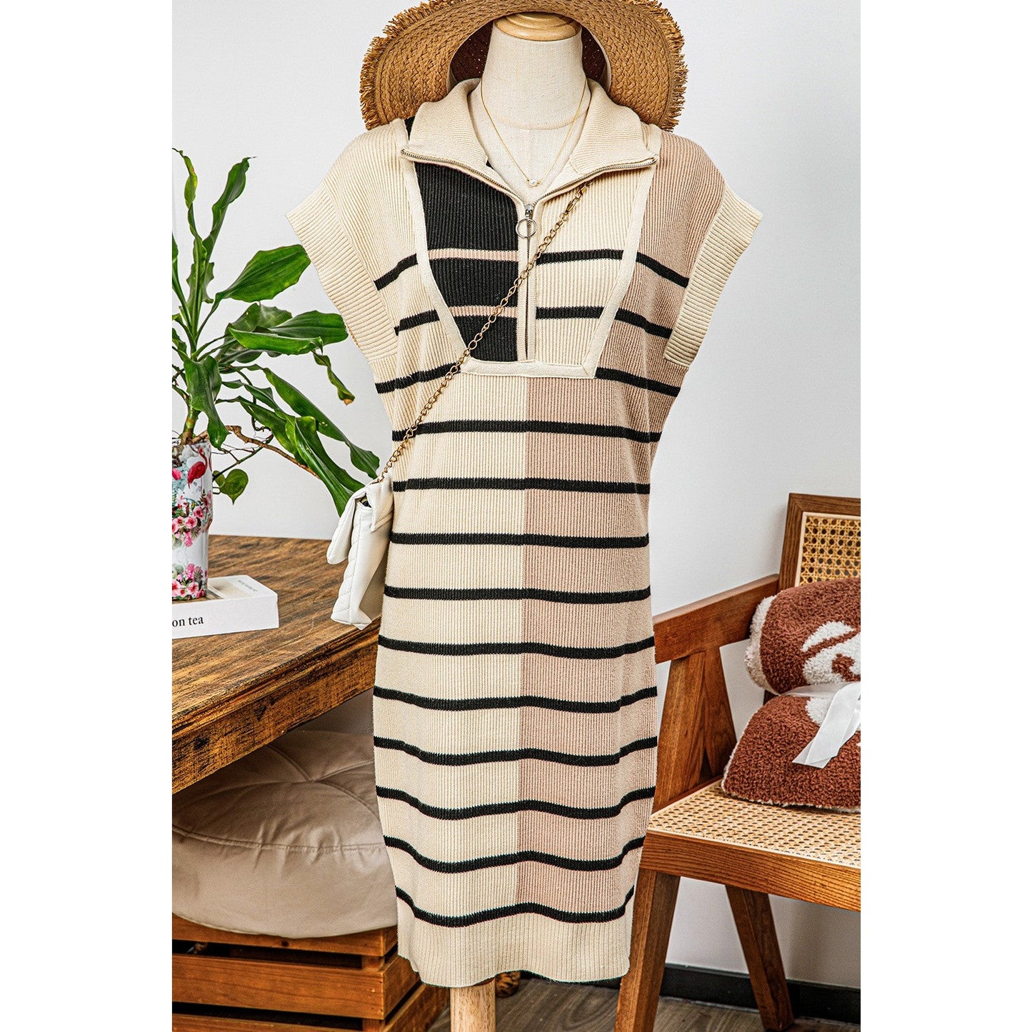 SALE!! Penny Khaki Color Block Quarter Zip Collar Short Sleeve Sweater Dress SALE!!