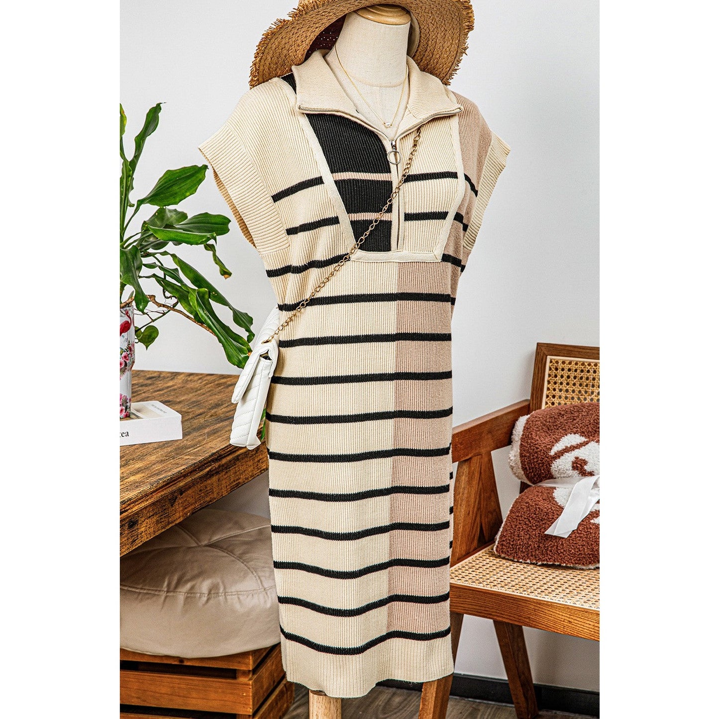SALE!! Penny Khaki Color Block Quarter Zip Collar Short Sleeve Sweater Dress SALE!!