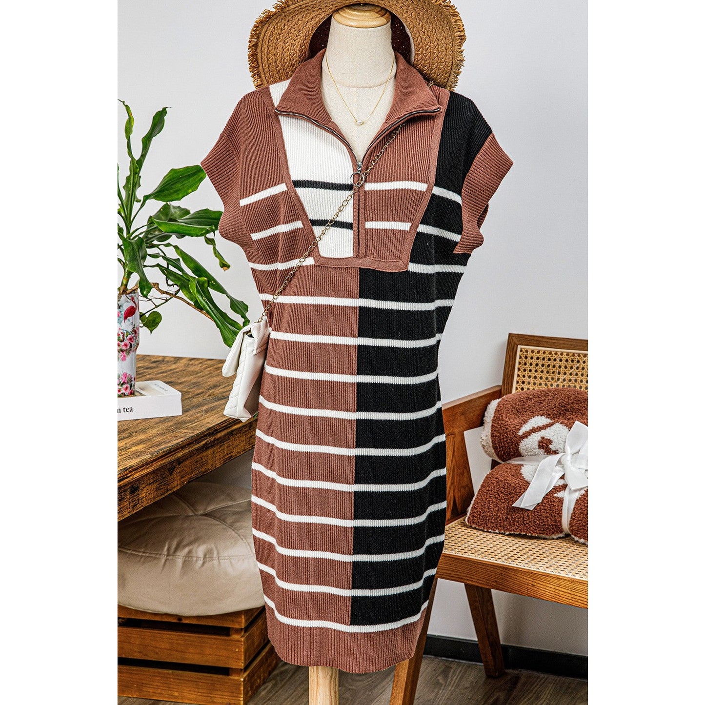 SALE!! Penny Brown Color Block Quarter Zip Collar Short Sleeve Sweater Dress SALE!!