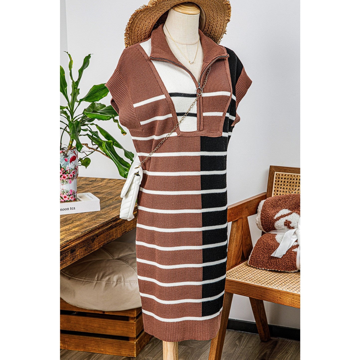 SALE!! Penny Brown Color Block Quarter Zip Collar Short Sleeve Sweater Dress SALE!!