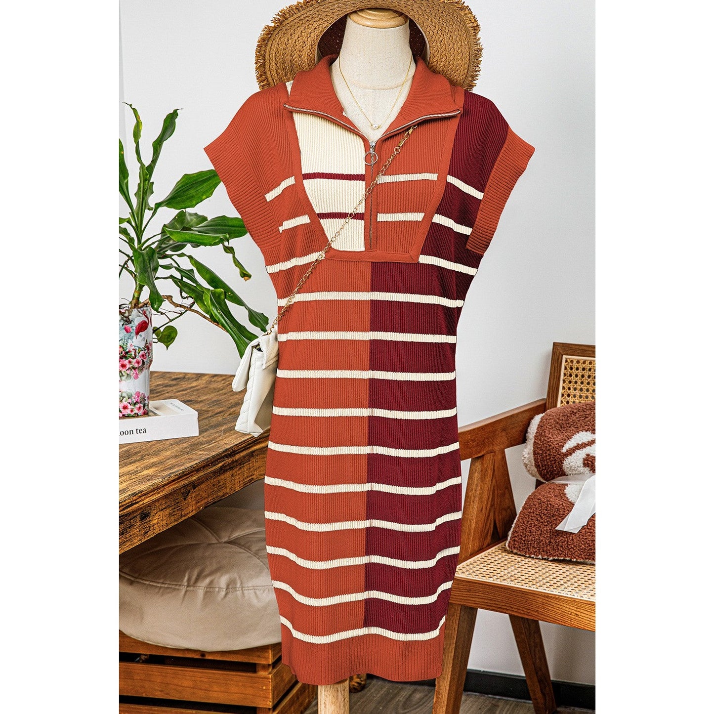 SALE!! Penny Brick Color Block Quarter Zip Collar Short Sleeve Sweater Dress SALE!!