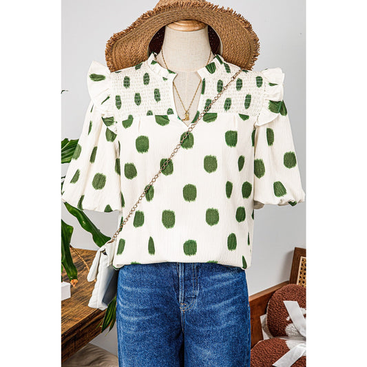 Phoebe Green Polka Dot Print Shirred Yoke Notched Neck Balloon Sleeve Blouse