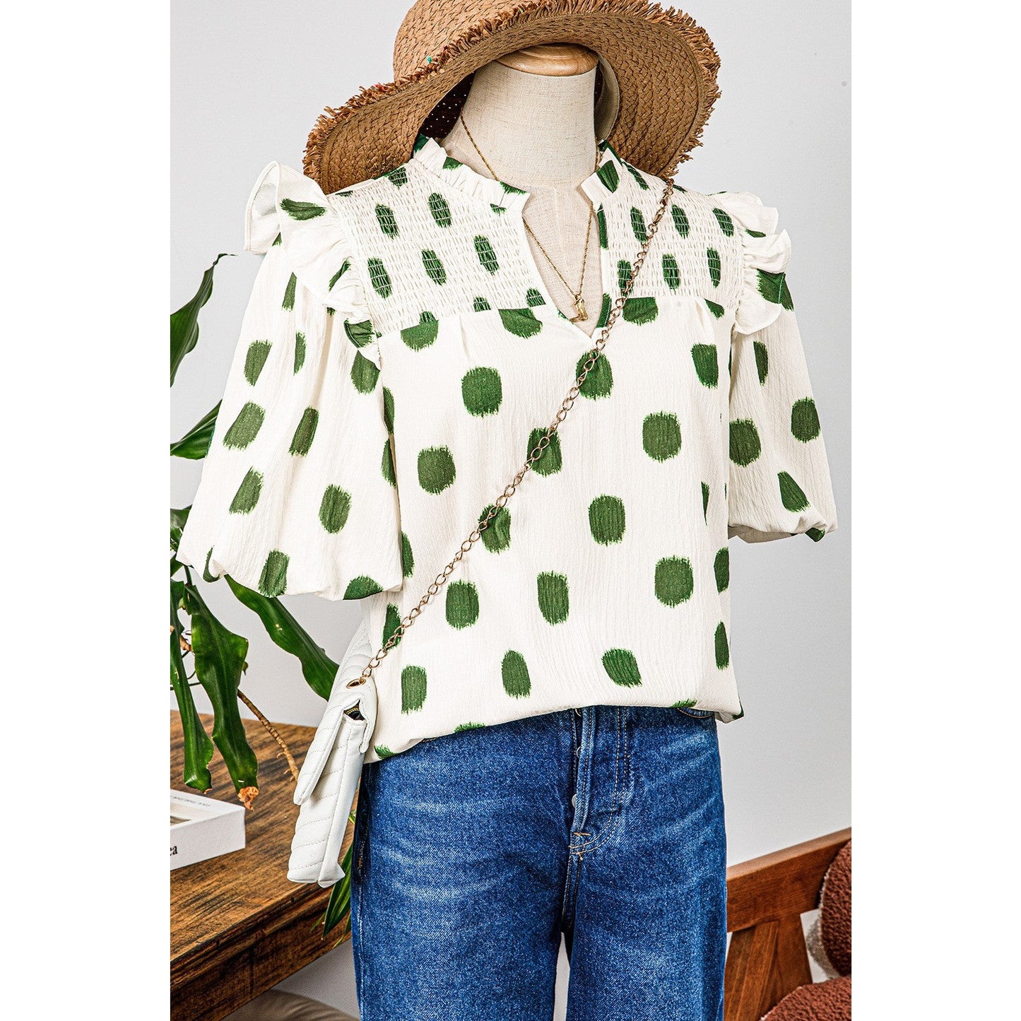 Phoebe Green Polka Dot Print Shirred Yoke Notched Neck Balloon Sleeve Blouse