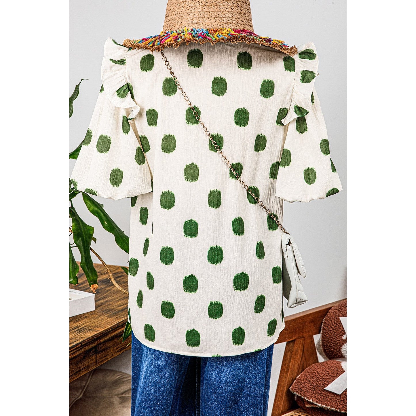 Phoebe Green Polka Dot Print Shirred Yoke Notched Neck Balloon Sleeve Blouse