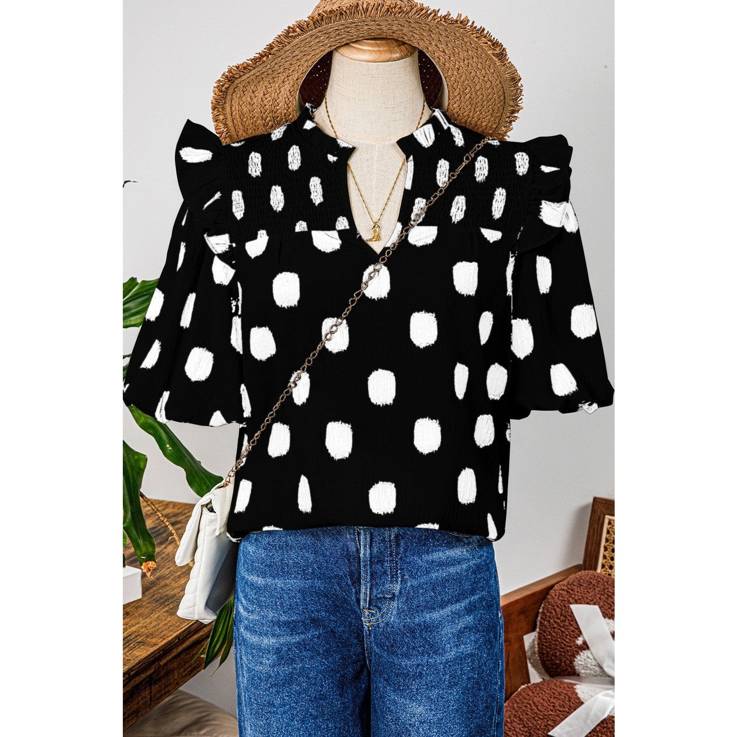 Phoebe Black Polka Dot Print Shirred Yoke Notched Neck Balloon Sleeve Blouse