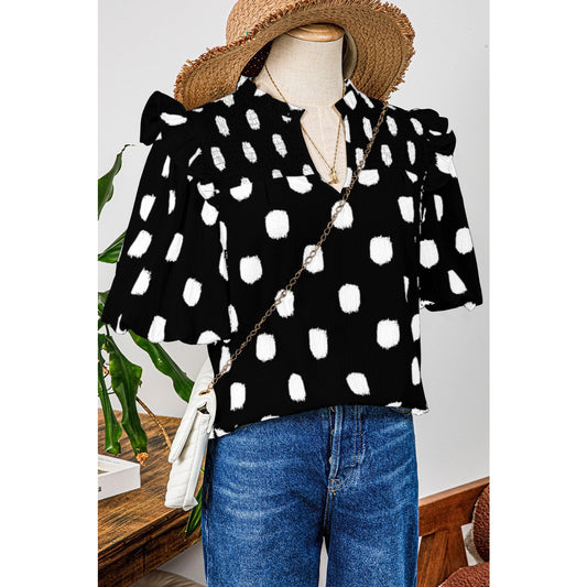 Phoebe Black Polka Dot Print Shirred Yoke Notched Neck Balloon Sleeve Blouse