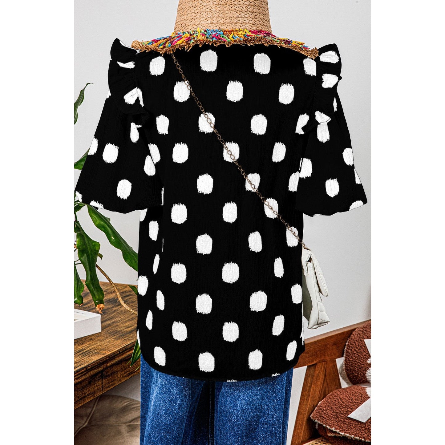 Phoebe Black Polka Dot Print Shirred Yoke Notched Neck Balloon Sleeve Blouse