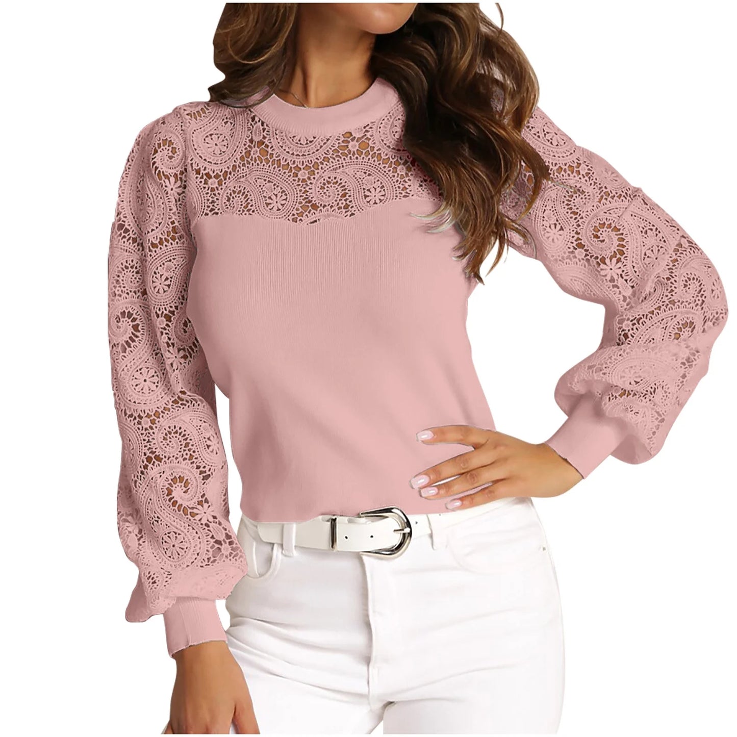 June Pink Ribbed Hollow Out Lace Sleeve Top