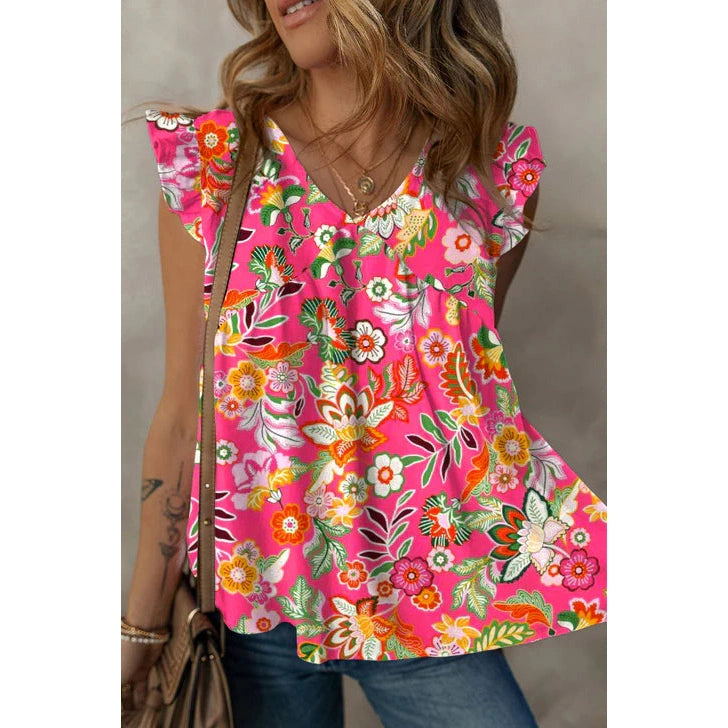 RTS Floral V Neck Ruffle Tank Top