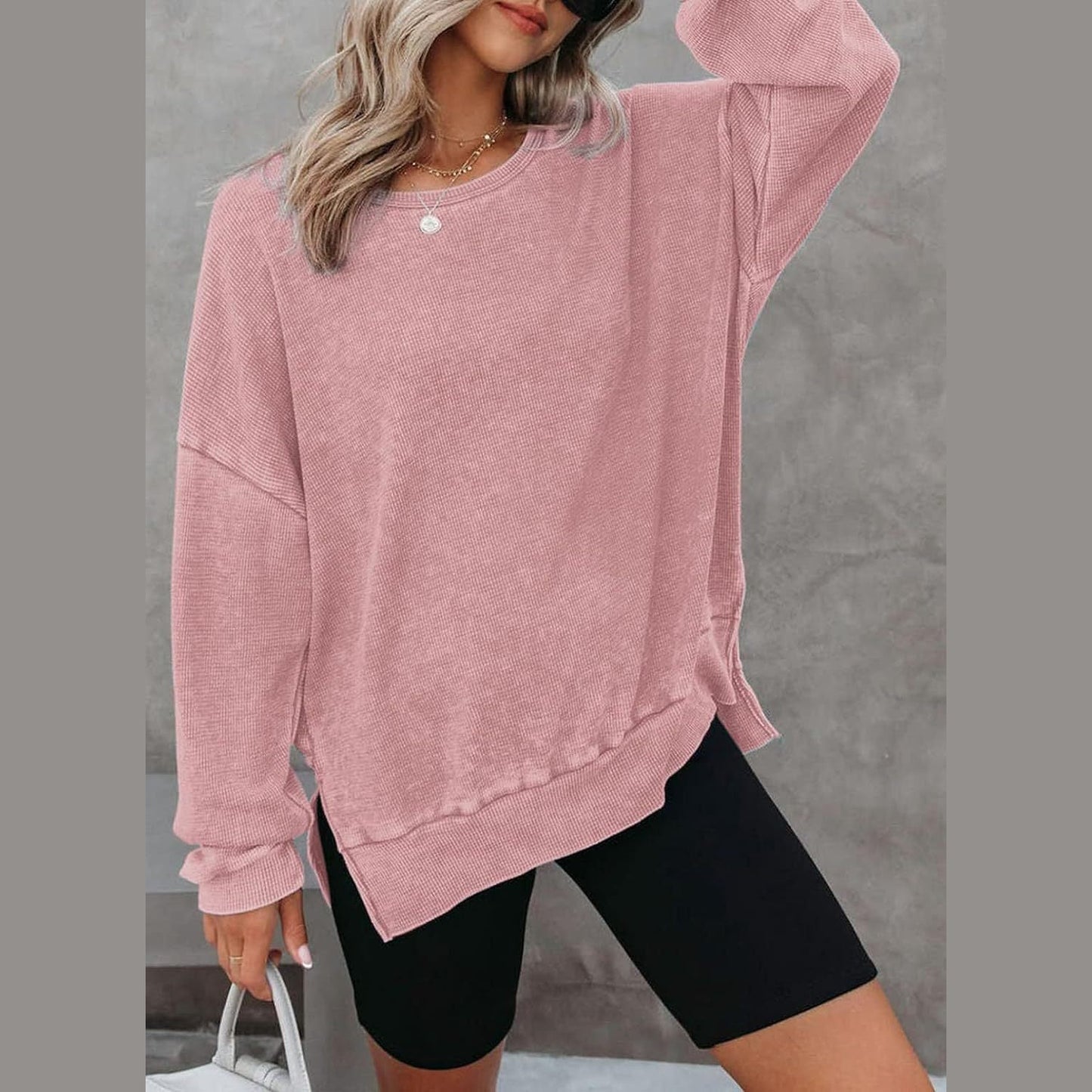 Latoya Oversized Waffle Knit Side Split Sweatshirt - 6 Colors