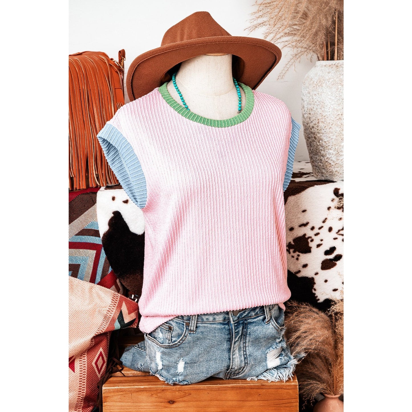 Britley Pink Color Block Corded Knit Crew Neck Tee