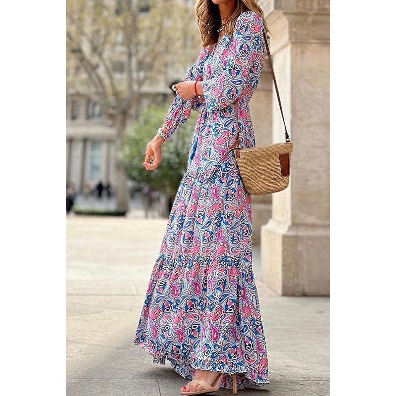 Chrissy Pink V-neck Long Sleeve Bohemian Maxi Dress