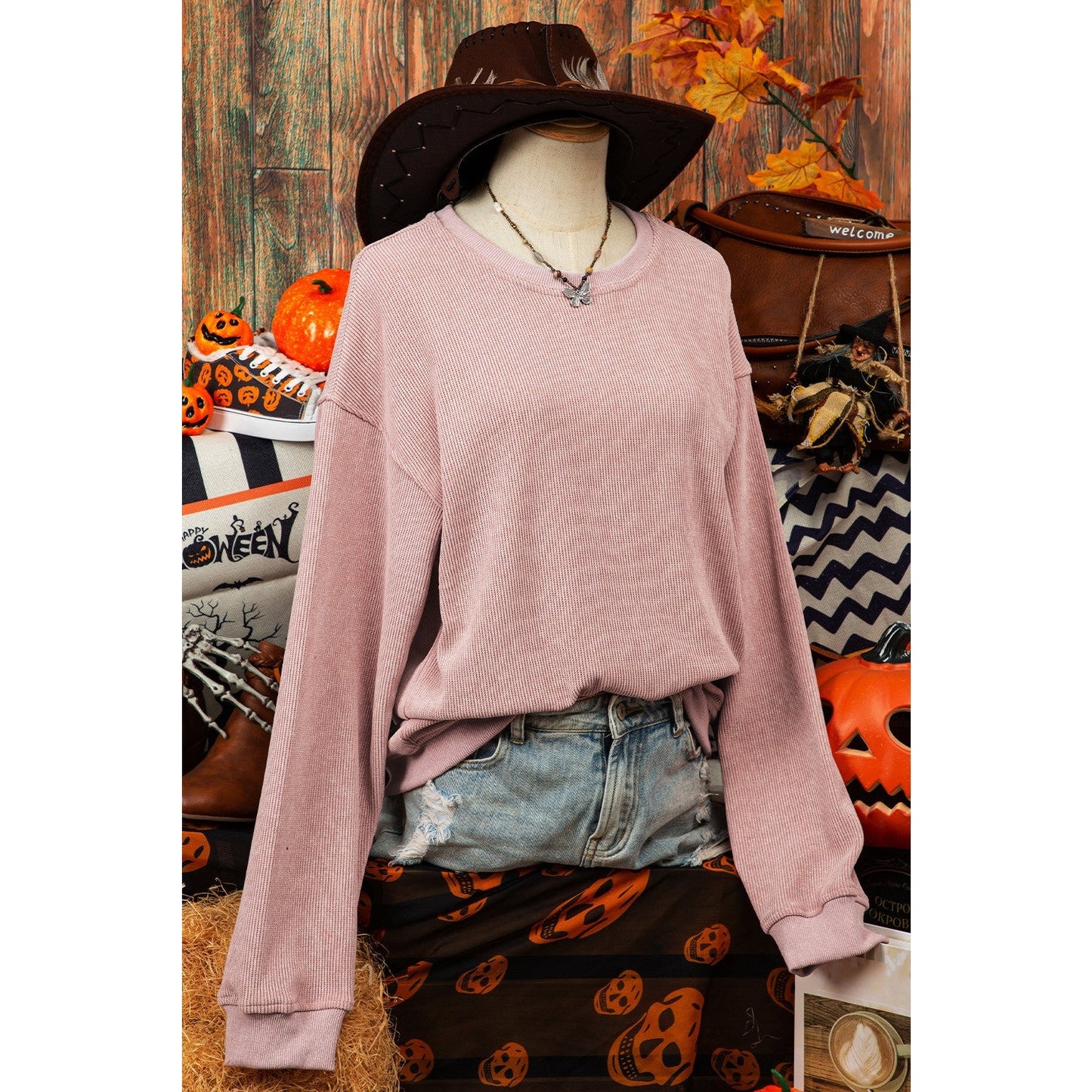 Kelis Pink Solid Ribbed Knit Round Neck Pullover Sweatshirt