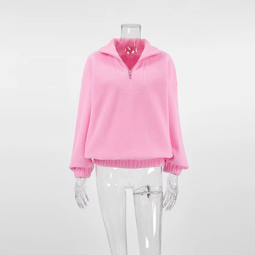 Perrie Pink Fleece Lapel Zip-up Sweatshirt