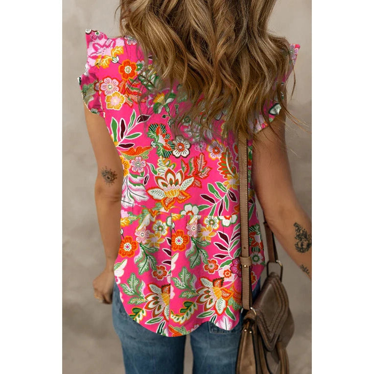 RTS Floral V Neck Ruffle Tank Top