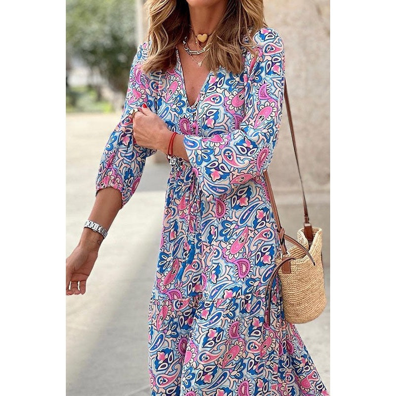 Chrissy Pink V-neck Long Sleeve Bohemian Maxi Dress