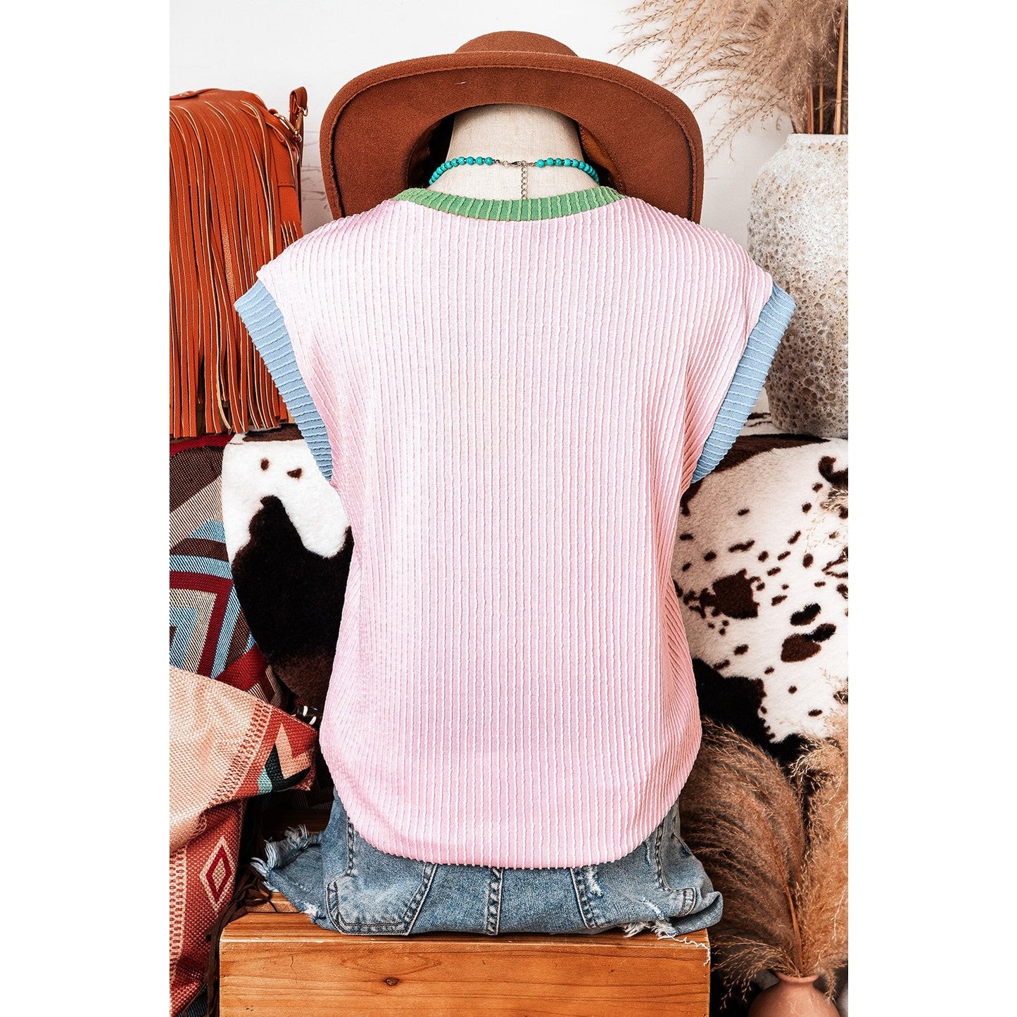Britley Pink Color Block Corded Knit Crew Neck Tee