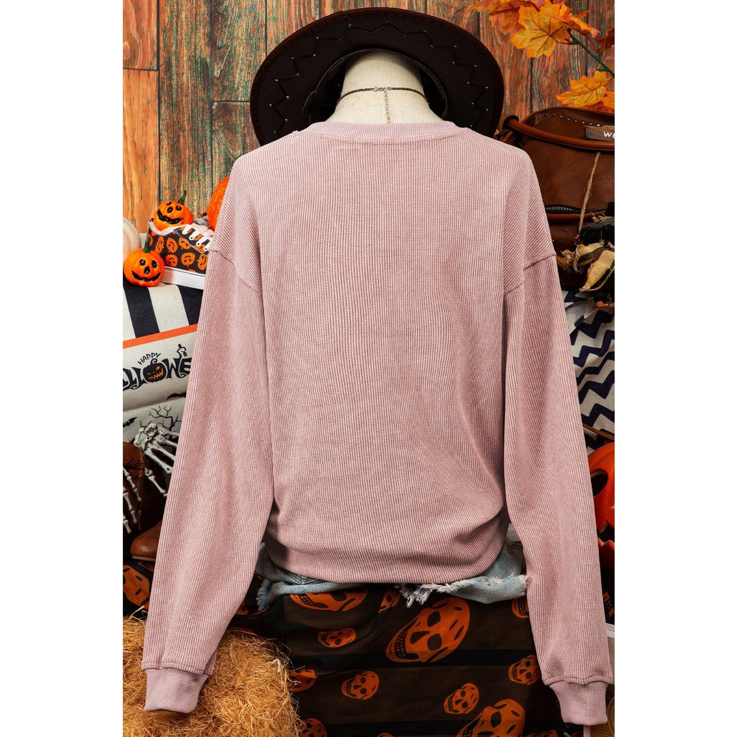 Kelis Pink Solid Ribbed Knit Round Neck Pullover Sweatshirt