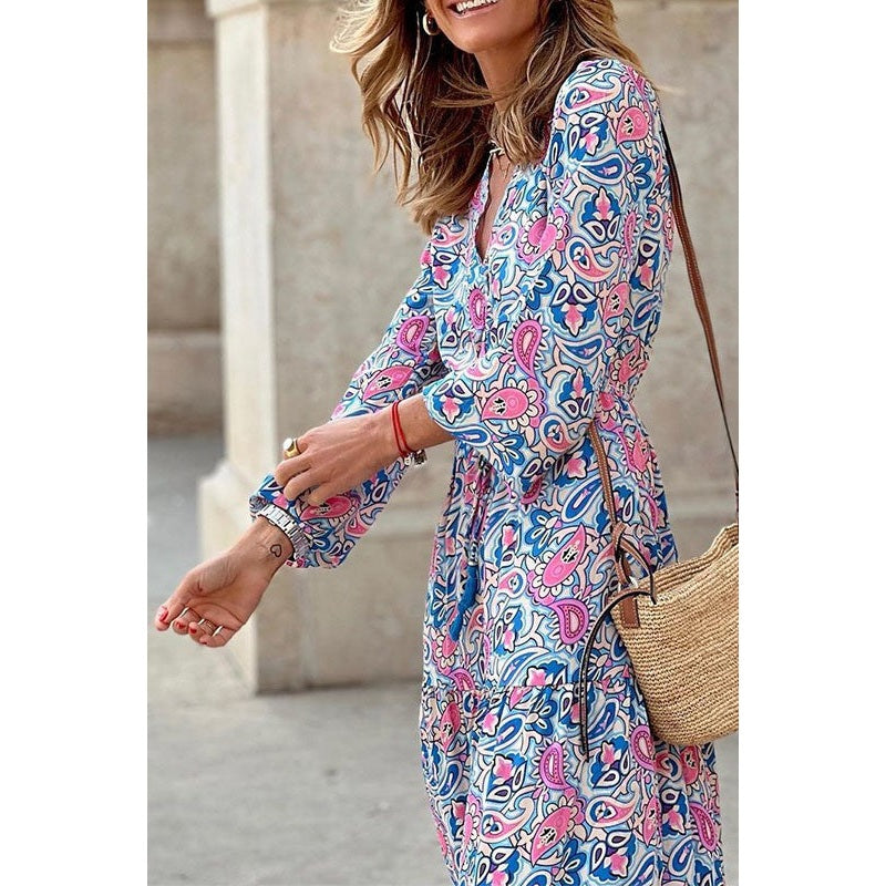 Chrissy Pink V-neck Long Sleeve Bohemian Maxi Dress