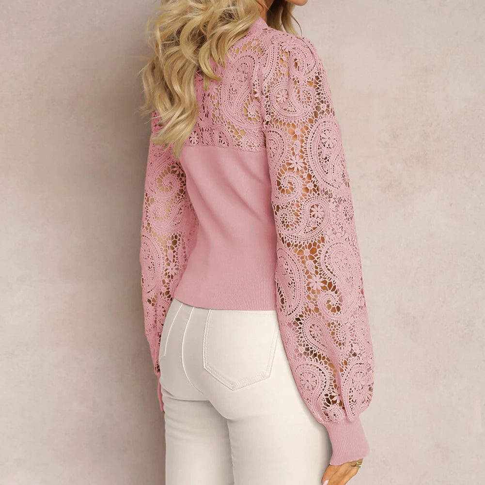 June Pink Ribbed Hollow Out Lace Sleeve Top