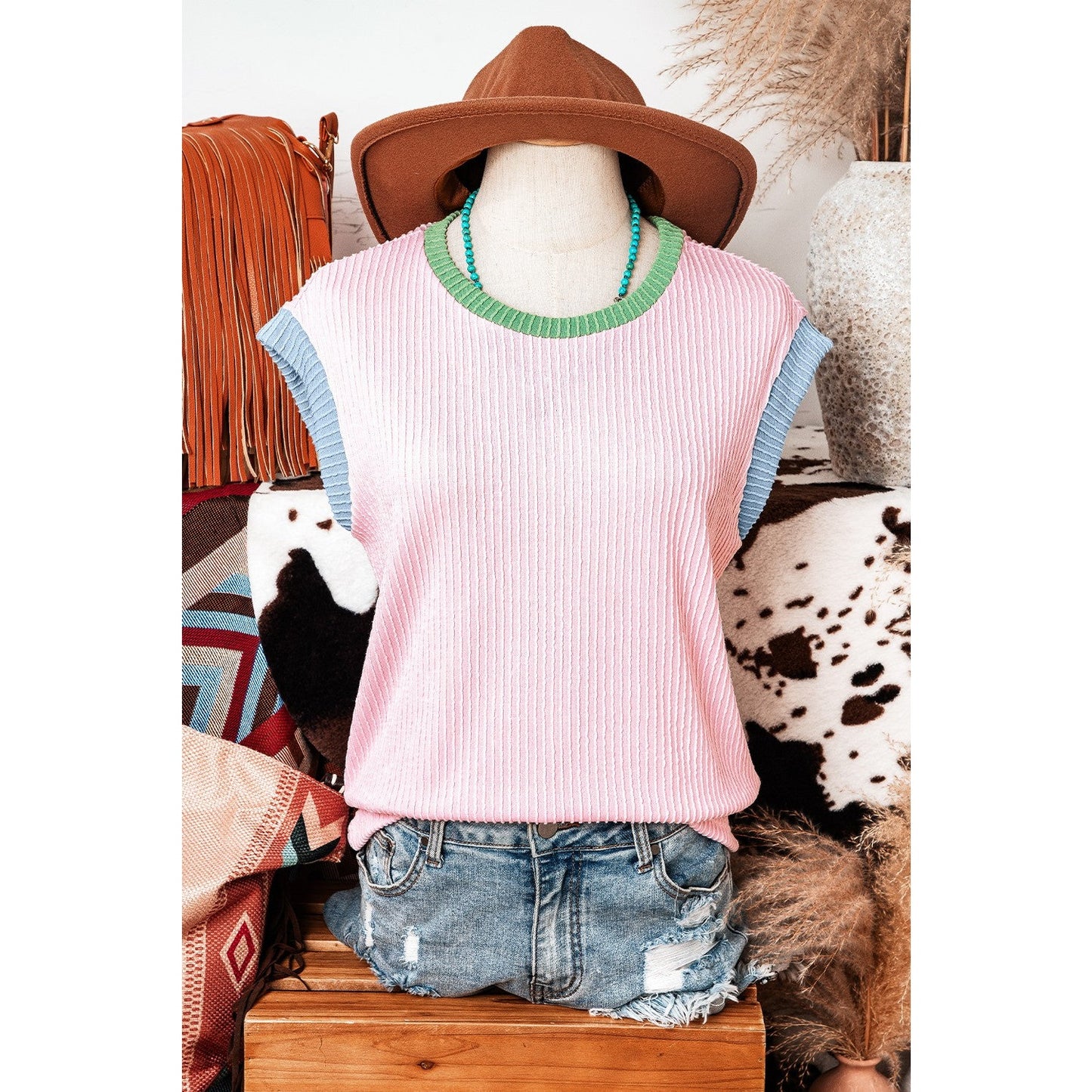 Britley Pink Color Block Corded Knit Crew Neck Tee