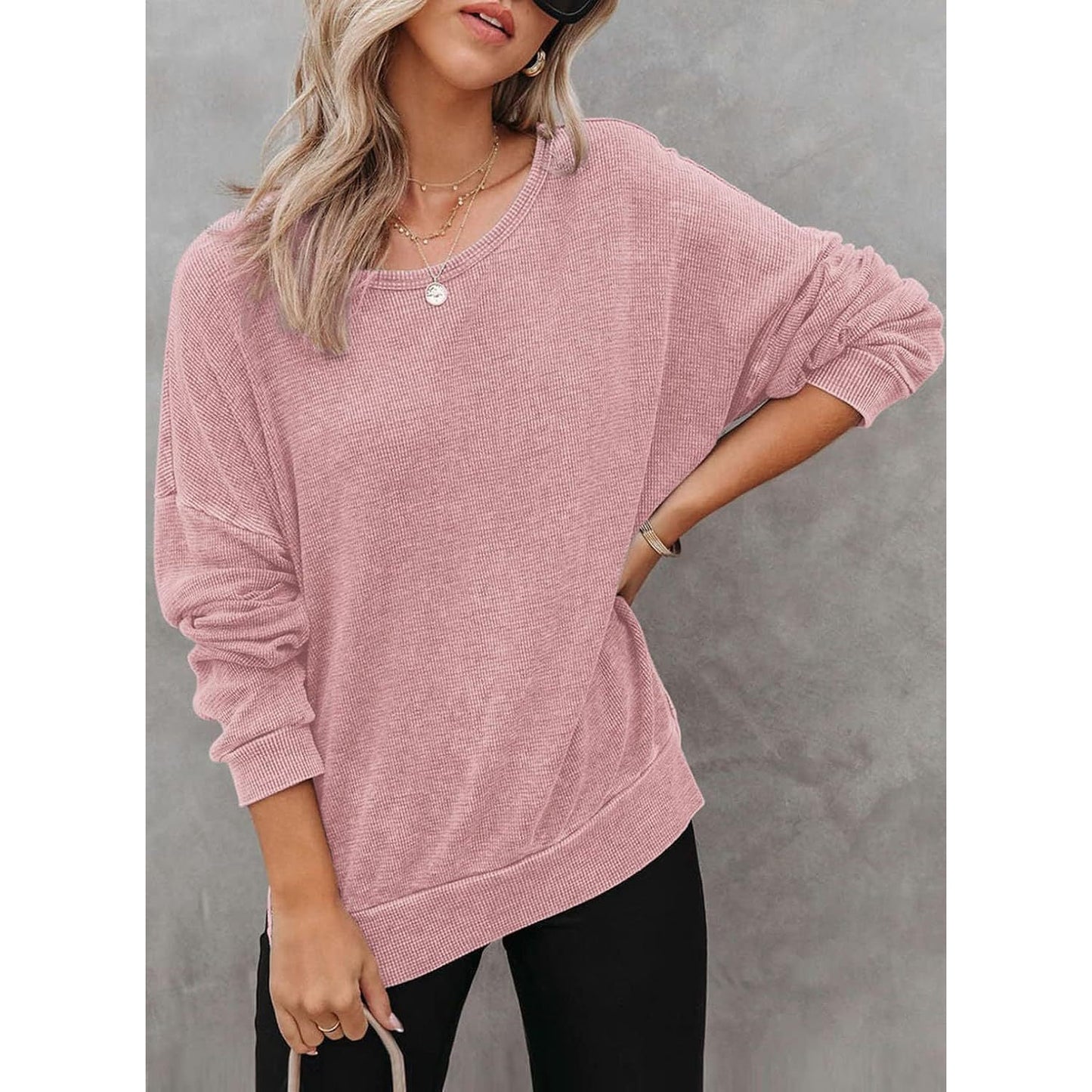 Latoya Oversized Waffle Knit Side Split Sweatshirt - 6 Colors