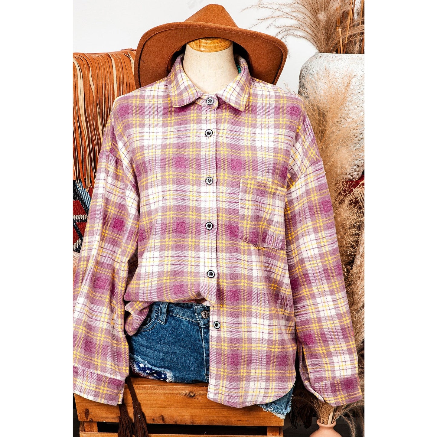 REDUCED!!!  Piper Pink Plaid Print Chest Pocket Long Sleeve Shacket  REDUCED!!!