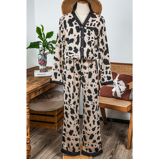 Sadee Khaki Cheetah Contrast Trim Loose Fit Two Piece Sleepwear