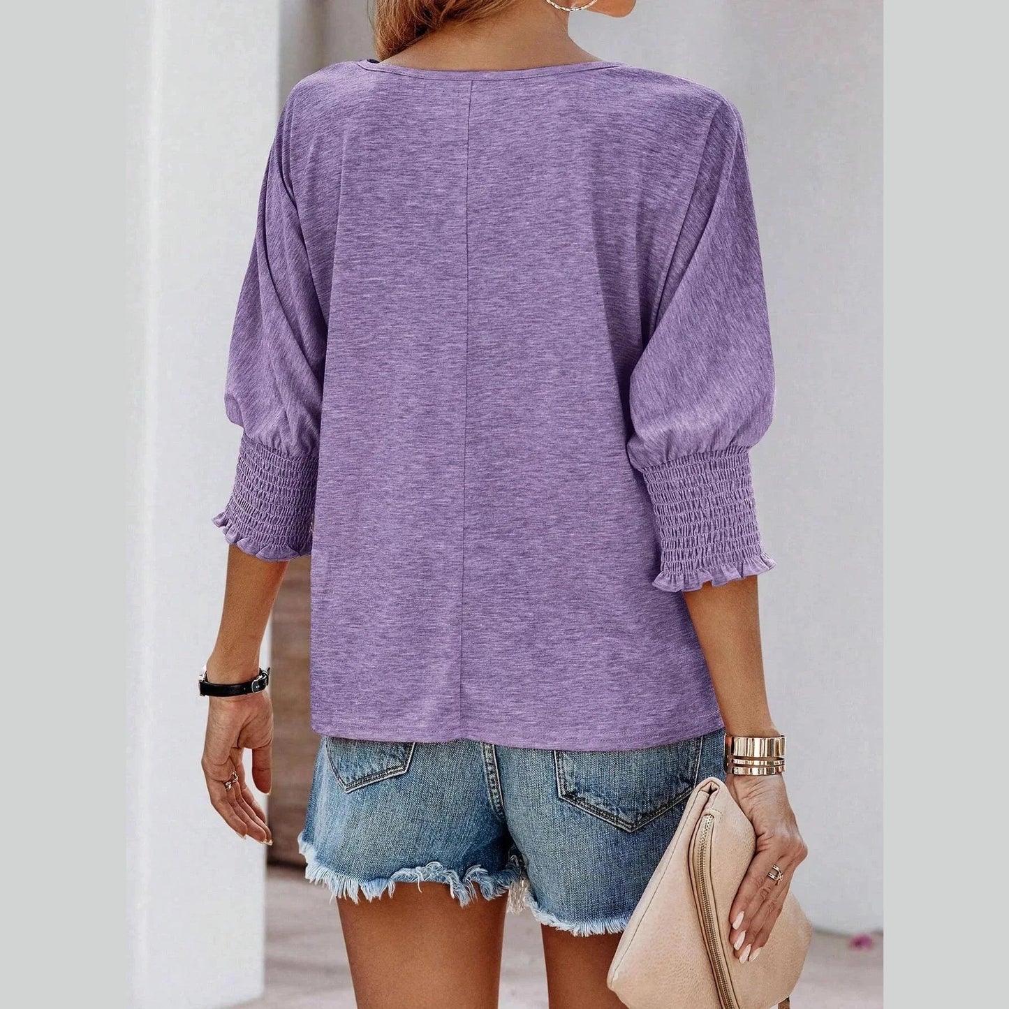 Kirsi Purple Pleated Cuff 3/4 Sleeve Top