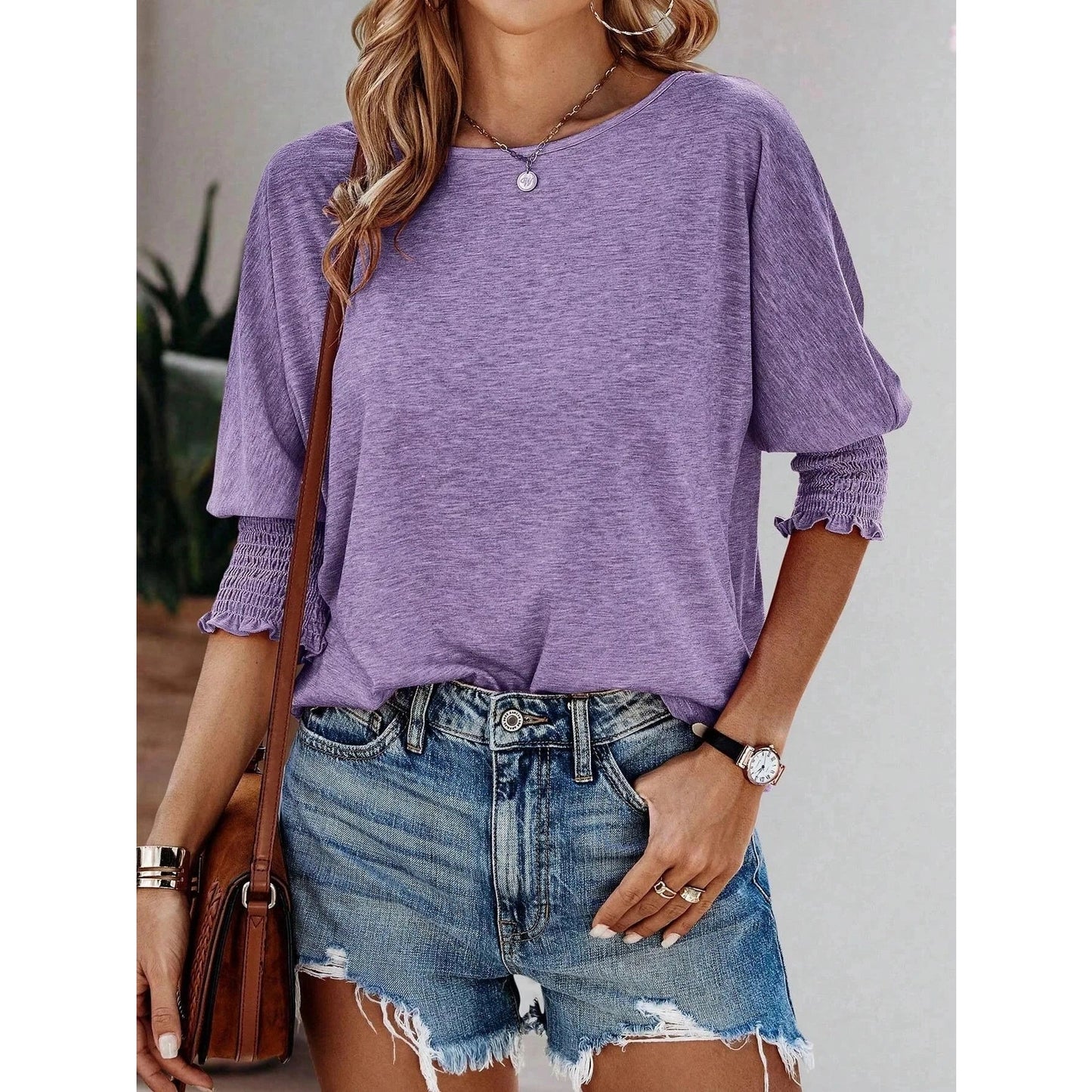Kirsi Purple Pleated Cuff 3/4 Sleeve Top